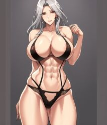 abs ai_generated big_breasts grey_hair lingerie original_character simple_background tagme