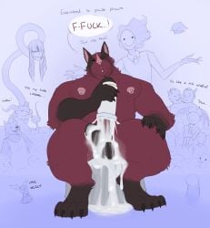 absurd_res anthro background_character balls bat big_balls big_pecs big_penis bodily_fluids claws cum dhalo_(himeros) dialogue ear_piercing excessive_cum excessive_genital_fluids excessive_precum facial_piercing fur genital_fluids genitals hi_res himerosthegod ladder_piercing lip_piercing male male_focus mammal muscular nipple_piercing nipples orgasm_face pecs penetrable_sex_toy penis piercing precum red_body red_eyes red_fur sex_toy simple_background solo thesh_(himeros)