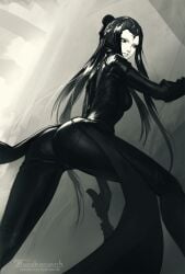 1girls ass ass_focus black_hair blame! highres holding_object holding_weapon legs_apart looking_at_viewer pale-skinned_female pale_skin pcell_(blame!) solo solo_female tagme tarakanovich tight_clothing white_skin