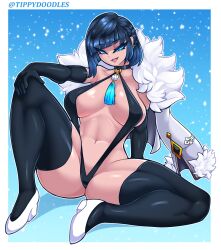 1girls aqua_eyes arm_gloves bent_leg black_thighhighs blue_hair coat_on_shoulders female female_only fur_coat genshin_impact heels inner_sideboob looking_at_viewer medium_hair narrowed_eyes sitting sling_bikini smiling smiling_at_viewer solo thick_thighs thighhighs tippydoodles very_high_resolution yelan_(genshin_impact)