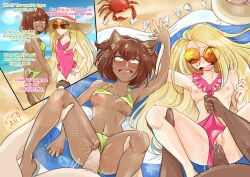 2boys 2girls ahe_gao beach beach_towel best_friends bikini bikini_bottom bikini_top blonde_hair blush breasts_out brown-tinted_eyewear brown_eyes brown_hair cat_ears cat_tail catgirl clothes_between_breasts clothes_lift cloud crab dark-skinned_female dark-skinned_male dick drooling exposed_belly exposed_breasts exposed_pussy flustered foursome green_clothing hand_holding hand_on_thigh heart-shaped_pupils instant_loss instant_loss_2koma light-skinned_female light_skin long_hair missionary_position mizkiart navel one-piece_swimsuit open_mouth orange-tinted_eyewear original original_character original_characters outdoors outside panels panties_aside pink_clothing pubic_hair pussy pussy_juice sand sassy seaside sex short_hair shy sky small_breasts sun_hat sunglasses sweatdrop sweating swimsuit text tinted_eyewear vaginal_penetration yellow_eyes