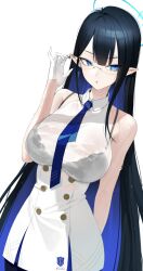 1girls arm_behind_back bare_shoulders big_breasts black_bra blue_archive blue_eyes bra bra_visible_through_clothes breasts brown_hair buttons dark_hair female female_only fingers_in_hair general_student_council_(blue_archive) glasses gloves hair_between_eyes halo hand_behind_ass hips hottok_(artist) huge_breasts k_hottok_(artist) khottok_(artist) large_breasts long_hair looking_at_another pale-skinned_female pale_skin pointy_ears rin_(blue_archive) simple_background sleeveles sleeveless_dress sleeveless_shirt solo solo_female standing thin_eyebrows thin_waist tie touching_ears very_long_hair wet_clothes white_background white_gloves