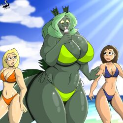 1:1 anthro asuka_daitokage beach big_breasts bikini blonde_hair blue_bikini blue_clothing blue_swimwear breasts brown_hair chrisandcompany clothing cloud digital_drawing_(artwork) digital_media_(artwork) female fin food green_bikini green_body green_clothing green_hair green_swimwear group hair hi_res huge_breasts human ice_cream_cone kaiju larger_anthro light light_beam light_body light_skin mammal navel orange_bikini orange_clothing orange_swimwear seaside side-tie_bikini side-tie_clothing side-tie_swimwear size_difference sky smaller_human string_bikini sunbeam sunlight swimwear thick_thighs tongue tongue_out trio yellow_sclera