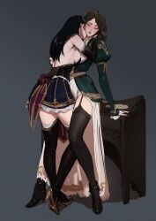 2girls black_hair blood_sucking blushing brown_hair clothed clothing concept_art garter_straps high_heels highres kissing kissing_neck long_skirt looking_pleasured original original_character original_characters short_skirt stockings tagme tarakanovich thighhighs vampire victorian yuri