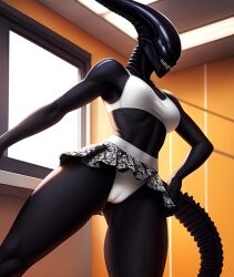 1girls 2020s 2023 ai_generated alien alien_(franchise) alien_girl athletic_female ballerina bare_midriff cameltoe female female_only female_xenomorph frosting.ai monster_girl panties scalieton self_upload skirt white_top xenomorph