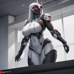 1girls ai_generated armour busty combat_suit female full_body_suit indoors laboratory mask navel_visible_through_clothes nemus_waifu_generator pooplool scifi solo solo_female tagme villainess white_hair