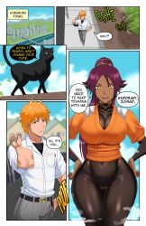 1boy 1girls big_ass big_breasts bleach cameltoe cat child_bearing_hips comic dark-skinned_female dark_skin english english_text huge_breasts huge_thighs ichigo_kurosaki kurosaki_ichigo light-skinned_male light_skin long_hair orange_hair pinkpawg ponytail purple_hair school_uniform shihouin_yoruichi short_hair speech_bubble text thick_thighs voluptuous wide_hips yellow_eyes