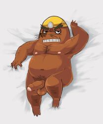 1boy 2023 3_toes animal_crossing anthro balls belly body_hair brown_body clothed clothing dakimakura_pose digital_media_(artwork) erection eulipotyphlan facial_hair fat fat_man fatty feet fur genitals hi_res humanoid_genitalia humanoid_penis looking_at_viewer lying male male_only mammal mole_(animal) moustache mr._resetti narrowed_eyes nintendo overweight penis simple_background smelly_feet solo stinky_feet stinky_toes