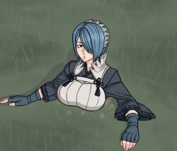 1girls bound breasts female female_only fire_emblem fire_emblem_fates green_eyes grilled_tofu hair_over_one_eye large_breasts looking_at_viewer nintendo restrained setsuna_(fire_emblem) short_hair solo stuck stuck_in_floor teal_hair trapped