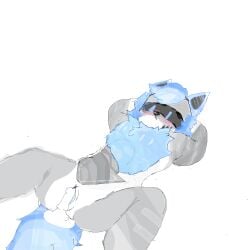 animated anthro arrow_pointing_to_crotch blue_body blue_eyes blue_fur blush bodily_fluids canid canine canis changed_(video_game) cum cum_in_pussy cum_inside directional_arrow female fur genital_fluids grey_body hi_res infinite_cum infinite_genital_fluids leaking_cum luftydays machine mammal prototype_(changed) robot simple_background solo visor wolf