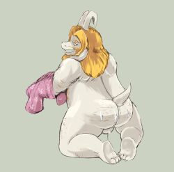 2023 anthro asgore_dreemurr ass balls belly bodily_fluids body_hair bovid caprine chubby chubby_male clothing cum cum_on_ass cum_on_butt digital_drawing_(artwork) digital_media_(artwork) facial_hair fur furry furry_male genital_fluids genitals goat grey_background hair hi_res horn horns kneeling long_ears looking_at_viewer looking_back male male_anthro male_only mammal moustache overweight overweight_male paws simple_background smile solid_color_background solo solo_male spunkerart tail undertale undertale_(series) white_body white_fur