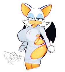 absurd_res anthro bat big_breasts breasts clothing dress duo edalv edolov eyeshadow female fur gloves handwear hi_res huge_breasts knuckles_the_echidna makeup male mammal orange_body orange_skin rouge_the_bat sega smile sonic_(series) sonic_the_hedgehog_(series) thick_thighs white_body white_fur wings