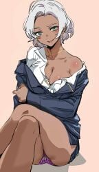 bare_legs black_jacket black_skirt blue_eyes bow_(artist) business_attire business_suit business_woman businesswear cleavage clothing_aside clothing_pull clothing_removal clothing_removed dark-skinned_female dark_skin earrings gold_earrings gold_jewelry gold_necklace gray_hair green_eyes grey_hair gundam gundam_suisei_no_majo jacket jacket_off_shoulders jacket_partially_removed large_breasts legs_closed legs_crossed necklace office_lady panties panty_peek panty_shot partially_clothed purple_panties secelia_dote shirt shirt_on_shoulders short_hair showing_breasts skirt skirt_up smile smiling smiling_at_viewer teasing teasing_viewer thick_thighs thighs upskirt white_hair white_shirt wide_hips