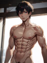 1boy abs ai_generated big_nipples black_hair cute male male_only muscular muscular_male nipples no_visible_genitalia pretty_boy solo solo_male yaoi