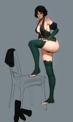 1futa big_breasts black_hair bulge chair changing_clothes cock_bulge concept_art erin_(tarakanovich) feet_on_chair futanari green_clothing highres light-skinned_futanari looking_down mistveil solo solo_female stockings tagme tarakanovich thick_thighs thighhighs thighs