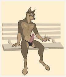 andy_the_doberman anthro canid canine canis clothed clothing dobermann domestic_dog erection eyewear furry gay genitals glasses hi_res humanoid_genitalia humanoid_penis looking_at_viewer male mammal nipples nude penile penis pinscher simple_background smile solo taga