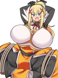 1girls alternate_version_available armor bellupup big_breasts blonde_hair blue_eyes blush bondage breasts clothing darkness_(konosuba) female female_only hair hands_behind_head huge_breasts kono_subarashii_sekai_ni_shukufuku_wo! large_breasts ponytail rope rope_bondage solo solo_female suspended suspension tied_up