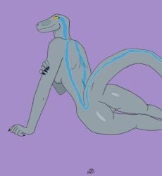 anthro blue_(jurassic_world) blue_lines breasts dinosaur dromaeosaurid female female/female genitals ggpro grey_body hi_res jurassic_park jurassic_world pussy reptile scalie solo theropod universal_studios velociraptor yellow_eyes