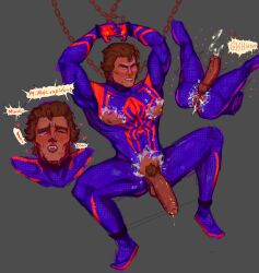 big_penis boner chains cum_in_ass cumshot erection heart-shaped_pupils irish irish_male latino_male male_only marvel mexican mexican_irish mexican_male miguel_o'hara nipples no_background precum red_eyes restrained skin_tight_suit solo solo_male spanish_text spider-man_(series) spider-man_2099 superhero