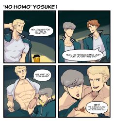 3boys atlus blonde_hair brown_eyes brown_hair camping clothed color comic dialogue dialogue_bubble erect_penis erection gay gay_denial gay_oral gay_sex grabbing_penis gray_eyes gray_hair hanamura_yousuke high_resolution kaito_draws kanji_tatsumi licking licking_penis male male/male/male male_only males_only megami_tensei muscles muscular muscular_male narukami_yu nude nude_male oral oral_sex pants_down penis penis_grab penis_lick persona persona_4 pubic_hair sega sex shirt_behind_neck tatsumi_kanji text_bubble trio yaoi