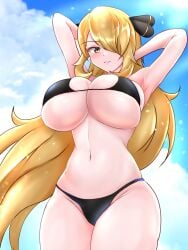 1girls big_breasts bikini bikini_bottom bikini_top black_bikini blonde_hair bottomwear breasts captain_rs cleavage cynthia_(pokemon) female female_only game_freak hair hair_ornament hair_over_one_eye hands_behind_head huge_breasts long_hair looking_down mature mature_female mature_woman pokemon pokemon_dppt solo solo_female swimwear topwear yellow_eyes