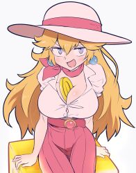 1girls ?_block absurdres alternate_breast_size arms_at_sides belt between_breasts big_breasts blonde_hair blue_eyes blush breasts busty buttons cleavage coin collared_shirt cowboy_shot earrings female_focus grey_background hair_flaps happy hat hat_ribbon high-waist_skirt highres jewelry kurachi_mizuki large_breasts long_hair looking_at_viewer mario_(series) naughty_face neckerchief nintendo object_between_breasts open_mouth pink_gemstone pink_neckerchief pink_ribbon pink_skirt princess_peach puffy_short_sleeves puffy_sleeves ribbon sexually_suggestive shirt shirt_tucked_in short_sleeves sidelocks simple_background sitting skirt smile solo sun_hat super_mario_odyssey v-shaped_eyebrows white_headwear white_shirt