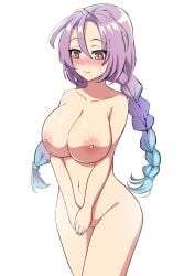 alternate_breast_size blush braid breasts censored clorica_(rune_factory) commission completely_nude female highres large_breasts long_hair long_sleeves mosaic_censoring navel nipples nude pixiv_commission purple_hair pussy rune_factory rune_factory_4 sakamata_(sakamata4) solo twin_braids twintails white_background yellow_eyes