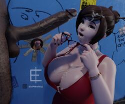 3d asian asian_female big_breasts big_penis blender blender_(software) blender_cycles cum cum_drip cum_in_mouth cum_on_body cum_on_breasts cum_on_face cumshot dark-skinned_male dark_skin dick dress dressed glasses glory_hole graffiti hairy hi_res high_heels high_resolution interracial large_breasts looking_at_another looking_at_partner looking_pleasured looking_up mei_(overwatch) open_mouth overwatch partial_male penis penis_out penis_size_difference pubic_hair red_dress shorts small_penis small_penis_humiliation smiling thats_euphoria undressed white_body white_skin