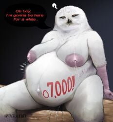 absurd_res anthro areola avian band1tnsfw belly big_areola big_belly big_breasts bird bodily_fluids breast_milking breasts dialogue digital_drawing_(artwork) digital_media_(artwork) english_text female female_anthro hi_res lactating looking_at_belly milk nah overweight overweight_anthro overweight_female owl portrait pregnancy_tally pregnant pregnant_belly pregnant_female simple_background solo speech_bubble stretch_marks text thick_thighs vein veiny_breasts