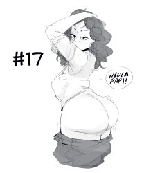 1girls ass bbw dialogue edalv edolov female huge_ass looking_back pants_down spanish_text speech_bubble