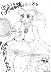 1boy 1girls bare_shoulders big_breasts big_thighs blonde_hair blue_eyes breasts brooch busty covered_erect_nipples crown dress earrings facial_hair female female_focus highres large_breasts legs lips long_hair male mario mario_(series) mario_tennis monochrome moustache nintendo nipple_bulge nipples_visible_through_clothing open_mouth overalls panties ponytail princess princess_peach racket sketch skin_tight sleeveless sleeveless_dress smile sportswear surprised tennis_dress tennis_racket tennis_uniform thick thick_hips thick_thighs thighs tied_hair tonsuke tonsuke_(ninnindo) traditional_media underwear voluptuous wide_hips