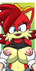 anthro areola big_breasts blue_eyes bow breast_grab breasts canid canine canis cheek_tuft fangs female fiona_fox fox red_body red_fur red_hair sonic_(series) sonic_the_hedgehog sonic_the_hedgehog_(archie) sonic_the_hedgehog_(comics) sonicguru topwear tuft two_tone_body