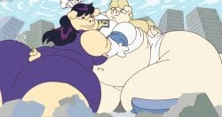 2girls ass belly blonde_hair breasts chef_hat city cityscape fat female female_focus female_only giantess gloves heroine hips hyper hyper_ass large_ass large_breasts macro macro_female overweight overweight_female panties pig pig_humanoid pig_tail porkoughy power_pig purple_eyes purple_hair stomach suina superheroine sus_(pig) thick_thighs thighs underwear villain villainess virus-20 wide_hips yellow_eyes