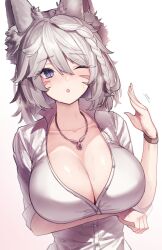 1girls arm_under_breasts big_breasts blush collar collar_up ear_tuft fanning_self female female female_only final_fantasy final_fantasy_xiv fox_ears fox_humanoid heat holding_breasts kitsune kitsunemimi one_eye_closed rot_lapin shirt_open silver_hair solo solo_female sweat sweatdrop sweating warrior_of_light_(final_fantasy_xiv) whisker_markings