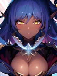 1girls 2023 ai_generated anime_nose blue_hair cleavage clothed_female dark-skinned_female delva_celebrian elf hentai high_resolution highres huge_breasts looking_at_viewer nai_diffusion pointy_ears pov skyrimgamer17 stable_diffusion yellow_eyes youkoso!_sukebe_elf_no_mori_e