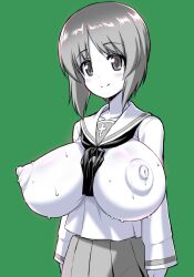 1girls 2019 big_breasts big_nipples blush blush_lines blushing_at_viewer breasts breasts_bigger_than_head covered_nipples erect_nipples female female_focus female_only female_solo girls_und_panzer green_background large_breasts large_nipples looking_at_viewer monochrome nipple_bulge nipples nipples_visible_through_clothing nishizumi_miho otoo_(izanagi) puffy_nipples sailor_collar school_uniform serafuku short_hair simple_background skirt solo solo_female solo_focus sweat sweatdrop sweating sweaty_body sweaty_breasts to-gnaniwa