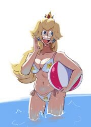 1girls artist_request ball beachball big_breasts bikini blonde_hair blue_eyes breasts busty cleavage female highres large_breasts legs long_hair mario_(series) navel nintendo open_mouth princess princess_peach smile solo source_request super_star_(mario) swimsuit thighs voluptuous water wet white_bikini