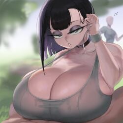 1boy 1girls big_breasts black_hair booruguru breasts breasts_bigger_than_head choker cleavage earrings goth goth_(booruguru) goth_girl hoop_earrings hoop_earrings_oversized huge_breasts large_breasts looking_at_viewer outdoors paizuri short_hair sports_bra