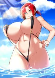 1girls areola_slip areolae big_breasts black_sling_bikini blush boudica_(fate) boudica_(fate/grand_order) breasts cleavage ear_piercing earrings fate/grand_order fate_(series) female female_only hair hips huge_breasts large_breasts lc_7v2 looking_down red_hair short_hair skimpy skimpy_bikini sling_bikini solo solo_female swimwear thick_thighs thighs water