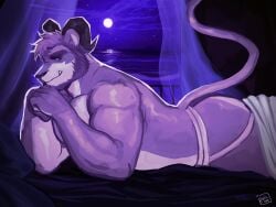 anthro ass bed bedroom_eyes bovid caprine clothing cougar felid feline furniture goat hi_res hybrid inviting jockstrap looking_at_viewer love_(love_of_the_clouds) lying lying_on_bed male male_only mammal narrowed_eyes on_bed on_front ruslorc seductive solo solo_focus underwear