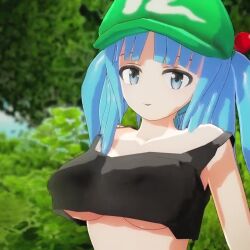 1girls 3d animated big_breasts blue_eyes blue_hair breasts busty clothes_lift female female_only large_breasts looking_at_viewer mofumoko5 necoi necoi5 nitori_kawashiro shirt_lift smile solo tank_top teasing touhou twintails underboob video