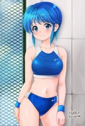 1girls blue_eyes blue_hair bra breasts buruma female female_only haruhata_mutsuki legs medium_breasts navel nijino_saki short_hair smile solo sports_bra thighs tokimeki_memorial tokimeki_memorial_1 underwear