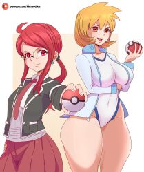 2girls bare_legs bikini breasts covered_navel cowboy_shot creatures_(company) female female_only game_freak highres holding holding_poke_ball huge_breasts jacket kasumi_(pokemon) large_breasts legs long_hair multiple_girls musaed_art nintendo orange_hair poke_ball pokemon pokemon_(game) pokemon_gsc pokemon_hgss red_hair swimsuit tagme thick_thighs thighs white_jacket wide_hips