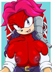 anthro areola big_breasts breast_grab breasts clothed clothing echidna female first_person_view lien-da monotreme offscreen_character open_shirt pink_hair purple_eyes red_body red_fur sonic_(series) sonic_the_hedgehog sonic_the_hedgehog_(archie) sonic_the_hedgehog_(comics) sonicguru