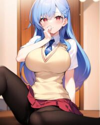 after_fellatio ai_generated bedroom blue_hair hentai high_resolution highres imouto_paradise! nai_diffusion nanase_ririna pantyhose red_eyes red_skirt school_uniform schoolgirl schoolgirl_uniform skyrimgamer17 stable_diffusion