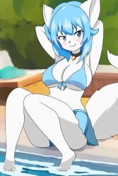 1girls animal_ears anthro armpits arms_behind_head beach big_breasts bikini blue_bikini blue_eyes blue_hair blush breasts busty cleavage feet female female_only front-tie_bikini_top front-tie_top furry highres large_breasts legs lirudraw looking_at_viewer navel ocean original pose posing sensual sexy_armpits short_hair solo swimsuit tail thighs voluptuous water wolf_ears wolf_tail