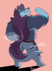 anthro ass bicep_curl biceps big_butt blainwolf blue_body blue_fur canid canine canis clothed clothing fur hair hi_res jockstrap jockstrap_only looking_at_viewer looking_back male mammal musclegut muscular muscular_anthro muscular_male presenting presenting_hindquarters purple_hair simple_background smile smiling_at_viewer smirk smirking_at_viewer solo solo_male steam teeth topless underwear underwear_only wolf yukon