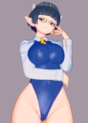 1girls 3d arm_under_breasts big_breasts blue_hair breasts busty cameltoe covered_navel demon_girl demon_horns female female_only glasses highres horns large_breasts legs level_1_demon_lord_and_one_room_hero looking_at_viewer mature mature_female one-piece_swimsuit partially_visible_vulva pointy_ears pose posing sensual short_hair solo swimsuit thick_thighs thighs wedgie zenia_(level_1_demon_lord_and_one_room_hero)