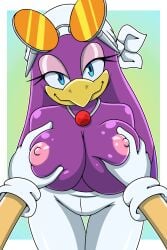 1boy 1girls anthro areola avian beak big_breasts bird blue_eyes breast_grab breasts clothed clothing eyewear female furry glasses headgear hedgehog huge_breasts interspecies large_breasts looking_at_viewer male_pov nipples offscreen_character pov purple_body sega smile sonic_(series) sonic_riders sonic_the_hedgehog sonic_the_hedgehog_(series) sonicguru swallow_(bird) topless wave_the_swallow