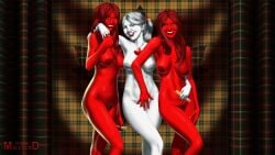 3girls canada canada_day covered_pussy female female_only green_eyes grey_nipples looking_at_viewer medium_breasts medium_hair multiple_girls national_personification necklace red_body red_eyes red_nipples red_skin white_body white_skin